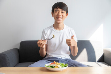 Asian teenage boy smile and happy with bowl of fresh salad, sit on sofa in a room. Healthy eating.
