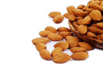 Close up organic almonds on white background. Health food concept.