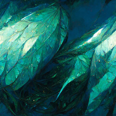 Fototapeta premium Abstract blue and green crystal leaf - Generative Ai 