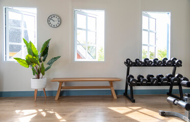 Room with gym equipment in the sport club.
