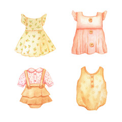 Infant cute dress and bodysuit illustrations set. Watercolor sketch Baby girl clothes isolated on white