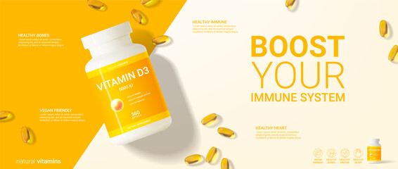 Minimalistic ad banner of vitamin d3. 3d vector illustration of dietary supplement. Top view on realistic bottle and softgels for promotion of vitamin d3. Concept of healthy immune system. - obrazy, fototapety, plakaty