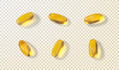 Set of golden oil capsules. Vector illustration with realistic softgels with fish oil, omega 3 or vitamin E, A. Golden transparent capsules isolated on checkered background. Dietary supplement. - obrazy, fototapety, plakaty