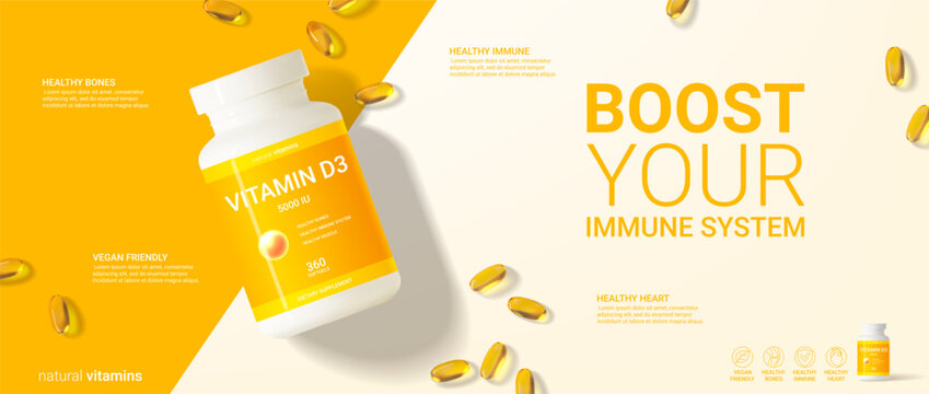 Minimalistic ad banner of vitamin d3. 3d vector illustration of dietary supplement. Top view on realistic bottle and softgels for promotion of vitamin d3. Concept of healthy immune system.