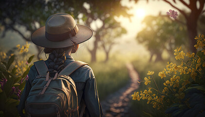 girl wearing hat cap and backpack On the natural path, on the top of the mountain, grass and flowers along the way, morning light