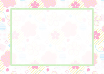 ポップでキュートな図形と桜の花柄のカード　白地　横向き