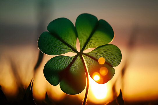 st patricks day four leaf clover close up with evening sunset in background, 
