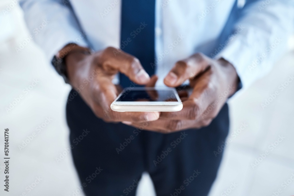 Sticker Black man hands , phone screen and digital communication with 5g connection. Writing, social media scroll and email typing business employee outdoor networking online on technology and internet