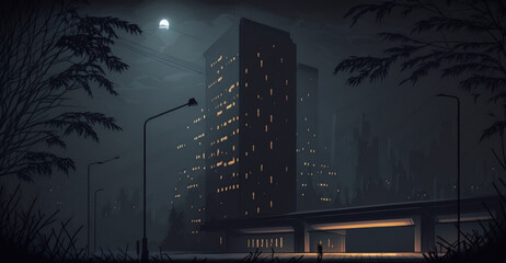 A future high rise metropolitan area with a photorealistic dark somber night scene. Generative AI