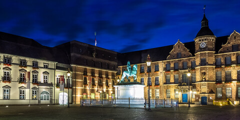 Architectural detail of the Düsseldorf townhall and the statue of Jan Wellem located at the Altstadt (literally "old town") of Düsseldorf, Germany