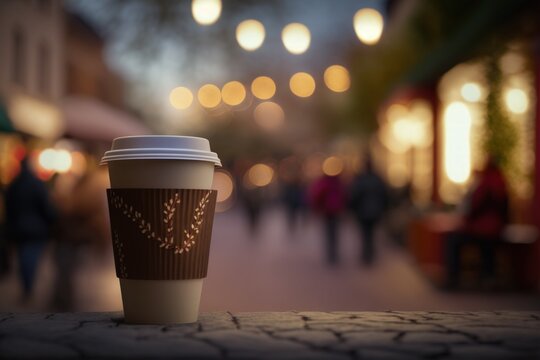 On A Wooden Table, A Throwaway Cup For A Hot Beverage. Coffee, Tea, Or Mulled Wine To Go At A Street Coffee Shop With A Holiday Ambience. Mockup With No Text In It. Background With A Blur And A Garlan