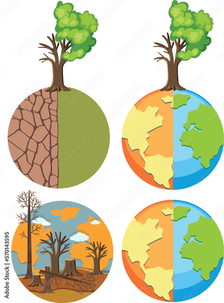 Sticker set of earth with global warming crisis