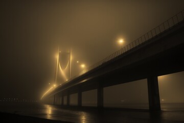 Mumbai's Bandra Worli Sea Link at night, with the bridge silhouetted in the fog. Generative AI