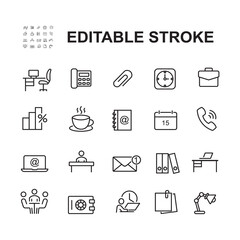 Simple Set of Office Related Vector Line Icons. Contains such Icons as Business Meeting, Workplace, Reception Desk and more. Editable Stroke. 
