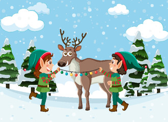 Christmas background with reindeer and elf