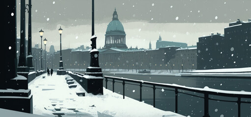 During a snowfall, a hazy panorama of the city can be seen on the river's banks. Generative AI