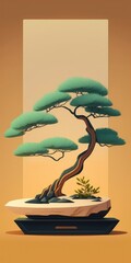 background for a Japanese style abstract product. Illustration of a podium and bonsai tree for a product presentation. Generative AI