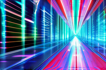 Abstract Digital Corridor Hallway Neon Light Streak Lines High Tech Colorful Generative AI Illustration