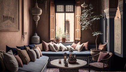 Cozy Beautiful Boho chic Moroccan-inspired sitting room Interior Design for Your Home: Bold, Colorful, and Unique Style for Room Renovations, Furniture, and Architecture (generative AI)