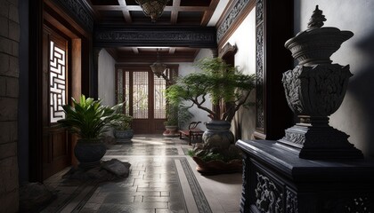Cozy Beautiful Chinese-Inspired Entrance Hall with Stone Flooring Interior Design for Your Home: Bold, Colorful, and Unique Style for Room Renovations, Furniture, and Architecture (generative AI)