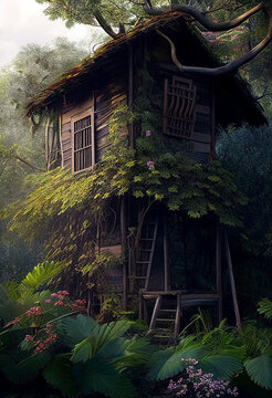 Cabane abandonn&eacute;e envahie par la v&eacute;g&eacute;tation
