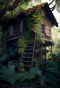 Cabane abandonn&eacute;e envahie par la v&eacute;g&eacute;tation
