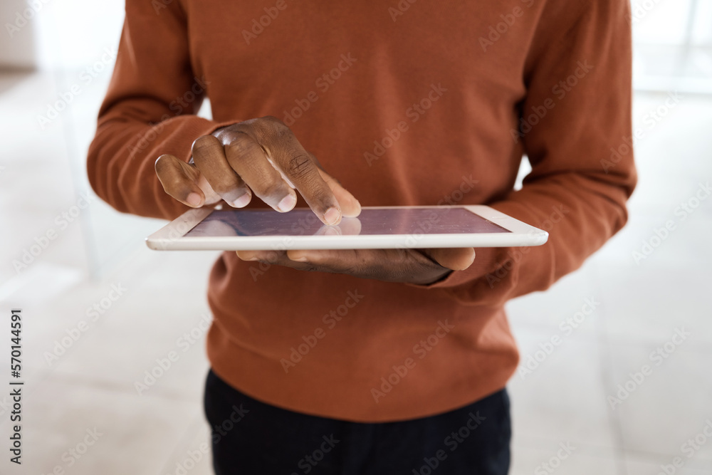 Poster tablet, research and hands of black man for website, online shopping and text on social media. techn
