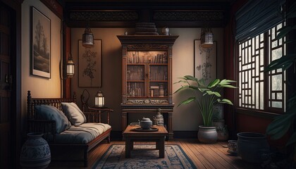 Cozy Beautiful Cozy Chinese-Inspired Reading Nook Interior Design for Your Home: Bold, Colorful, and Unique Style for Room Renovations, Furniture, and Architecture (generative AI)