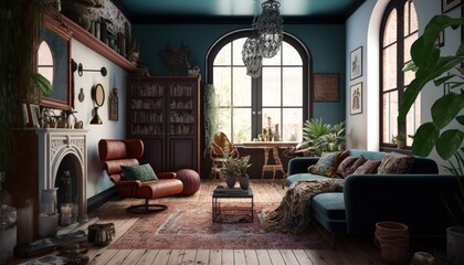 Naklejka premium Cozy Beautiful Eclectic bohemian living room Interior Design for Your Home: Bold, Colorful, and Unique Style for Room Renovations, Furniture, and Architecture (generative AI)