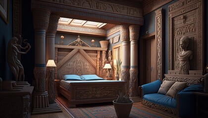 Fototapeta na wymiar Cozy Beautiful Egyptian-themed bedroom Interior Design for Your Home: Bold, Colorful, and Unique Style for Room Renovations, Furniture, and Architecture (generative AI)