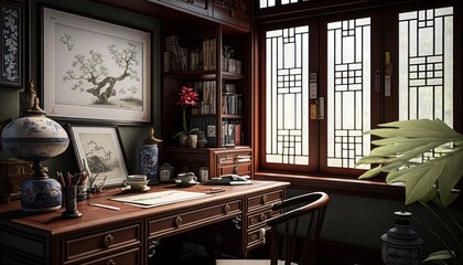 Cozy Beautiful Feng Shui-Inspired Workspace with Chinese Art Interior Design for Your Home: Bold, Colorful, and Unique Style for Room Renovations, Furniture, and Architecture (generative AI)