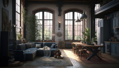 Cozy Beautiful Industrial loft Interior Design for Your Home: Bold, Colorful, and Unique Style for Room Renovations, Furniture, and Architecture (generative AI)