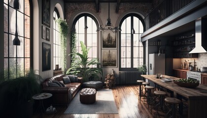 Cozy Beautiful Industrial loft-style apartment Interior Design for Your Home: Bold, Colorful, and Unique Style for Room Renovations, Furniture, and Architecture (generative AI)