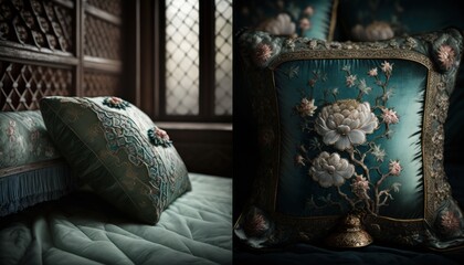 Cozy Beautiful Lavish Chinese Silk and Jade Embroidered Bedding Set Interior Design for Your Home: Bold, Colorful, and Unique Style for Room Renovations, Furniture, and Architecture (generative AI)