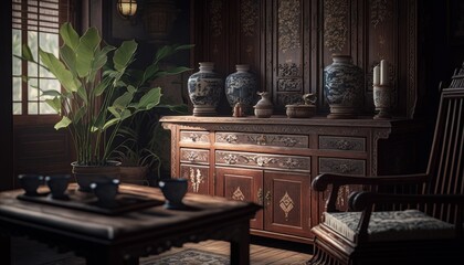 Cozy Beautiful Rustic Chinese Antique Furniture Collection Interior Design for Your Home: Bold, Colorful, and Unique Style for Room Renovations, Furniture, and Architecture (generative AI)