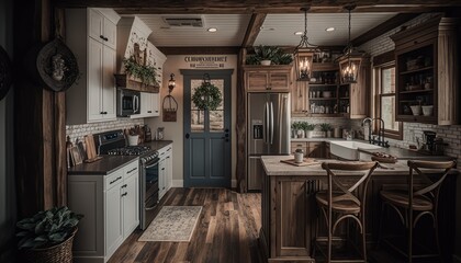 Cozy Beautiful Rustic farmhouse-style kitchen Interior Design for Your Home: Bold, Colorful, and Unique Style for Room Renovations, Furniture, and Architecture (generative AI)