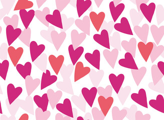 Seamless romantic pattern with handmade red hearts. Colorful doodle hearts on a pink background. Ready-made template for design, postcards, printing, poster, party, Valentine's Day, vintage textiles. 