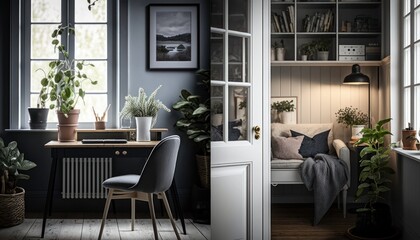 Cozy Beautiful Scandinavian-style home office Interior Design for Your Home: Bold, Colorful, and Unique Style for Room Renovations, Furniture, and Architecture (generative AI)