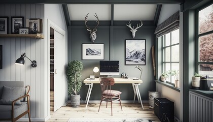 Cozy Beautiful Scandinavian-style home office Interior Design for Your Home: Bold, Colorful, and Unique Style for Room Renovations, Furniture, and Architecture (generative AI)