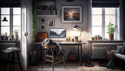 Cozy Beautiful Scandinavian-style home office Interior Design for Your Home: Bold, Colorful, and Unique Style for Room Renovations, Furniture, and Architecture (generative AI)