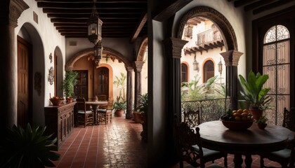 Fototapeta na wymiar Cozy Beautiful Spanish Colonial hacienda style Interior Design for Your Home: Bold, Colorful, and Unique Style for Room Renovations, Furniture, and Architecture (generative AI)