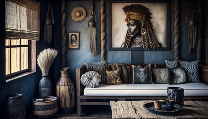 Cozy Beautiful African inspired tribal decor Interior Design for Your Home: Bold, Colorful, and Unique Style for Room Renovations, Furniture, and Architecture (generative AI)