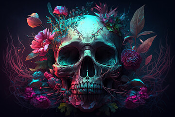 fantasy human skull with flowers with colorful fantastic neon light. Generative AI