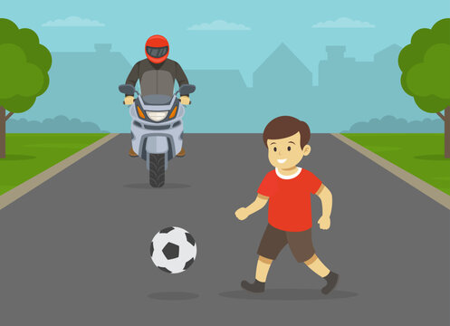 Safe motorcycle riding. Young boy running onto road directly in front of moto rider. Kid playing football on the street. Flat vector illustration template.