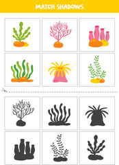 Fototapeta na wymiar Find shadows of cute sea weed and actinia. Cards for kids.