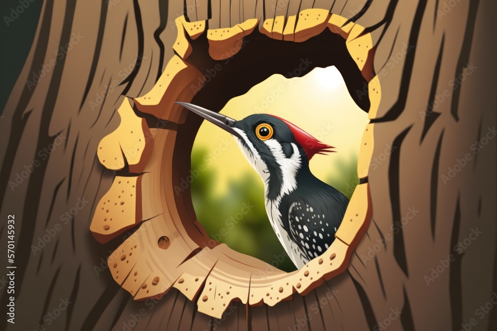 Poster A woodpecker's recently carved hole in a tree. Generative AI