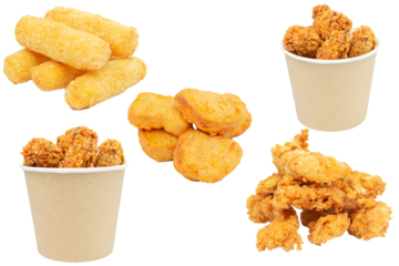 set of fast food snacks for menu. Crispy fried chicken strips, fried cheese sticks, Chicken nuggets, hot wings bucket, chicken bucket