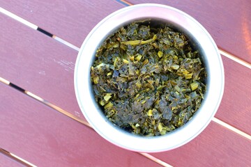 Pahadi Palak ki sabzi. Also known as spinach curry. Healthy green leafy vegetables Saag. Copy space. weight loss concept. healthy lifestyle.