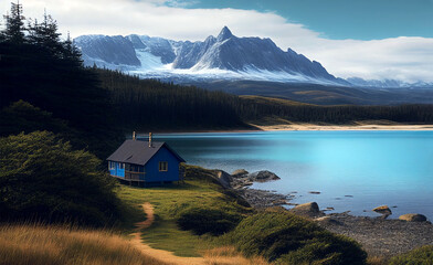 cabane bleue dans un paysage de Norvège