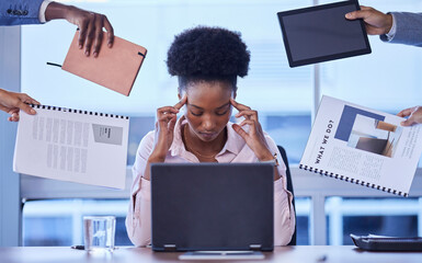 Headache, stress and business woman in hands of group for multitasking, workload or chaos in...